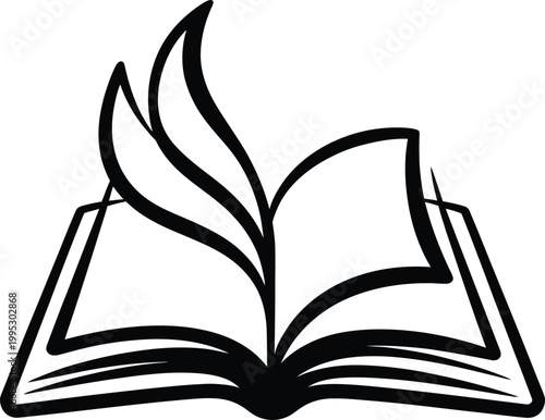 An open book icon with turning pages showing academic learning knowledge study and literary research themes