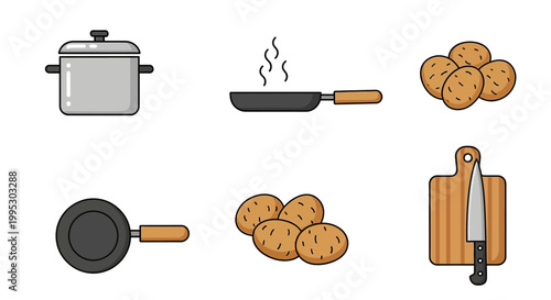 Kitchen cooking icon set featuring raw potatoes with pot and frying pan for culinary recipe design.
