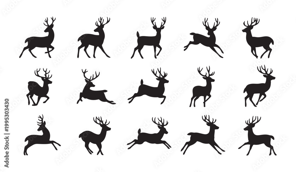 Fototapeta premium Set of deer silhouettes in various active poses jumping running and walking for forest wildlife hunting club design.