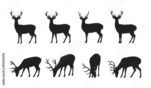 Eight diverse deer silhouettes showing standing and grazing positions for woodland environment vector illustration.