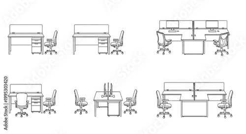 Office Workstation Elevation CAD Blocks – Modular Desk Cubicle Layouts with Chairs and Storage Units Set