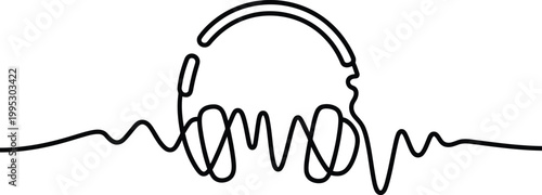Single continuous line drawing of professional headphones merged with an audio frequency sound wave pattern