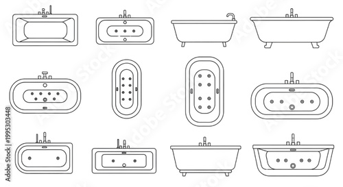 Bathtub CAD Blocks Set – Top and Front View Bathroom Tub Fixtures with Jacuzzi Variants Technical Plan Collection