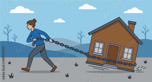 Woman Pulling a House with a Heavy Chain Symbolizing Financial Burden