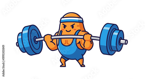 Strong fitness potato character lifting heavy barbell for healthy lifestyle and energy source concept.
