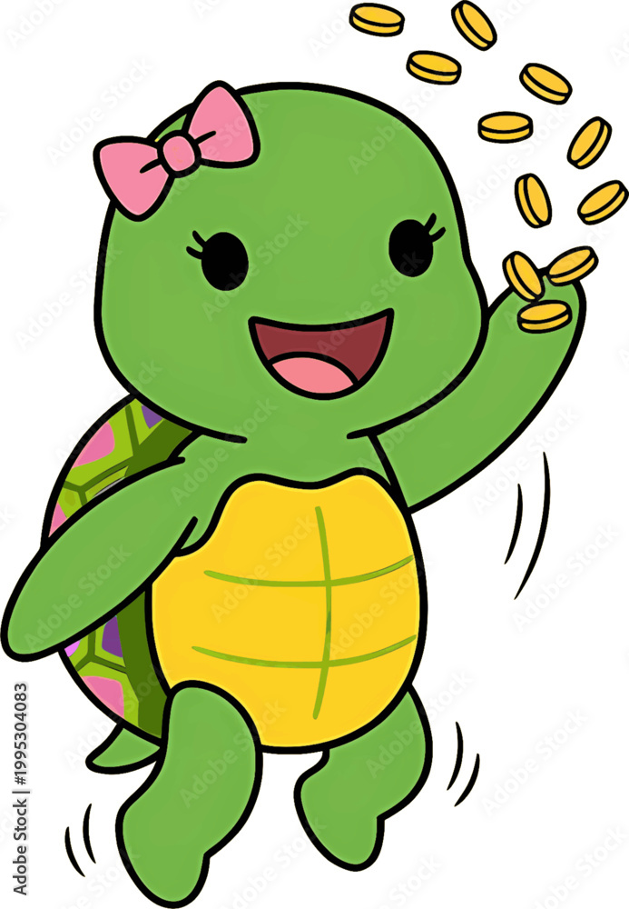 Fototapeta premium Younger Sister Turtle with Pink Bow Celebrating Saving Money Success. Business finance Vector illustration.
