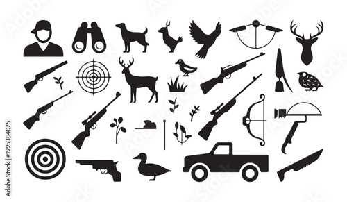 Hunting equipment and animals icons including rifle shotgun bow deer dog bird.