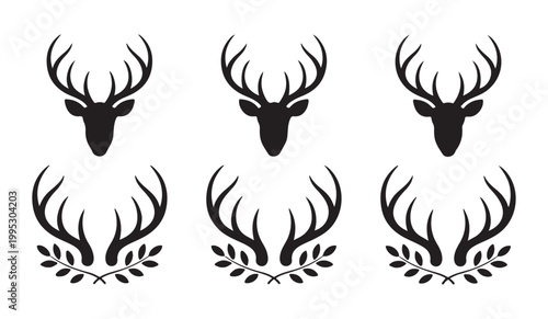 Deer head silhouettes and antler emblems with laurel wreath branches for rustic hunting and outdoors logo design.