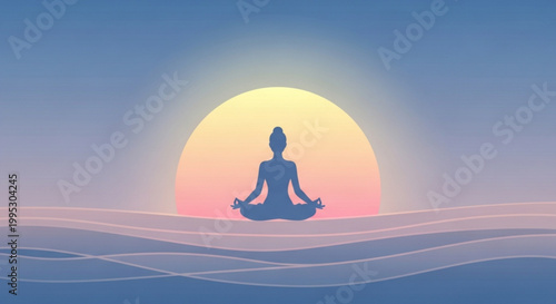 Serene silhouette of a person meditating in lotus position at sunset with vibrant gradient sky and wavy lines