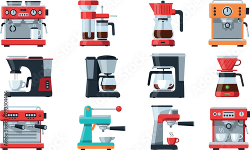 Set of coffee machines with espresso makers drip brewers and modern kitchen appliances isolated on light background vector illustration