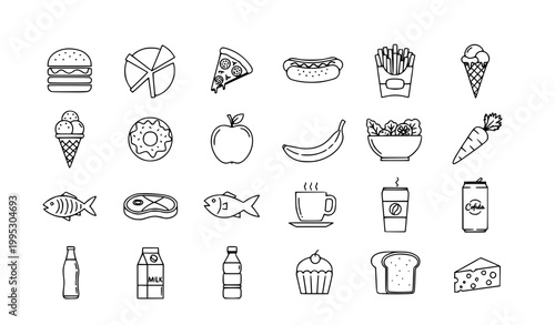 Black and white food and drink line icons set with fast food healthy meals and beverages outline vector collection