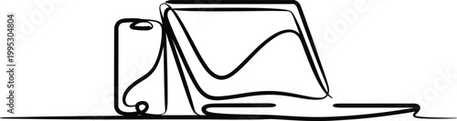 A minimalist continuous single line drawing featuring a modern smartphone and laptop computer set for work