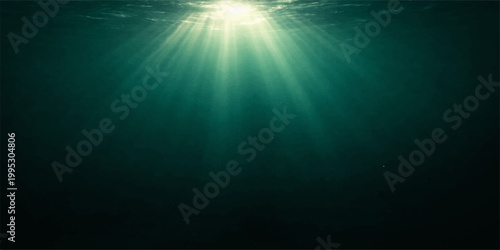 Deep blue ocean water creates a loop background where bright sunlight beams and star bursts shine through the dark sea for a glowing underwater world scene