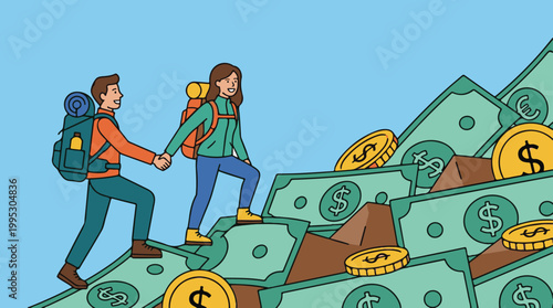 Happy Couple Climbing a Path of Cash and Coins Working Towards Financial Goals