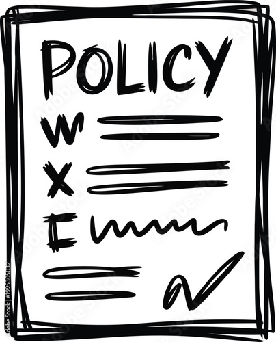 Handwritten sketch of a formal business policy document containing rules and regulations with check marks