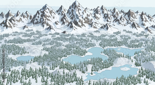 Winter mountain landscape vector illustration, snowy alpine peaks with pine forest and frozen lakes, scenic wilderness background for game design