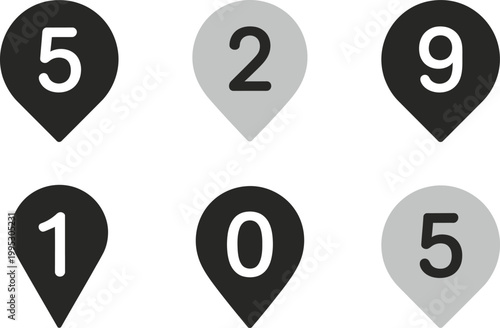 Set of six navigation map pins featuring individual numbers for geolocation and location mapping services