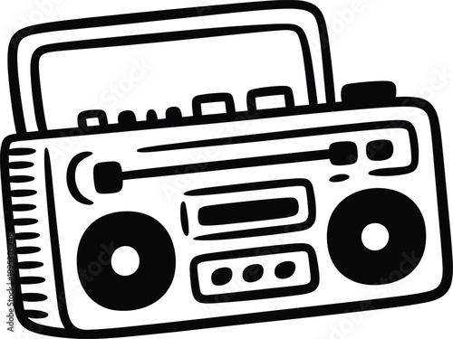 Portable boombox music player with dual speakers for playing vintage cassette tapes and classic radio stations