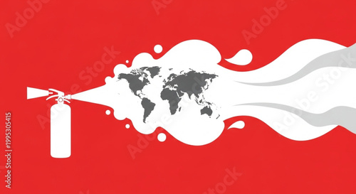 International Firefighters Day extinguisher actively spraying to address global crises, symbolizing unified efforts for planetary protection and resolving worldwide issues