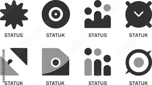 Collection of minimalist status indicator icons for user interface navigation and digital communication system displays