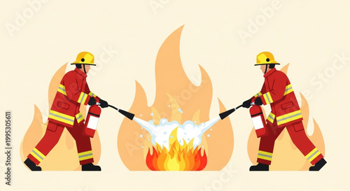 Firefighters bravely battling a fierce blaze with fire extinguishers, showcasing teamwork and emergency response during a dangerous situation