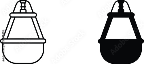 Two hanging basket plant containers depicted in bold outline and solid black silhouette for garden decor