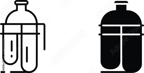 Set of two liquid water filtration system icons featuring line and solid black silhouette styles