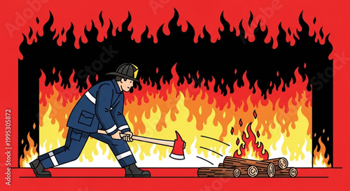 International Firefighters Day Firefighter battling a large bonfire with an axe, highlighting safety and emergency response in a dangerous situation