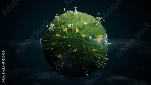 Green planet covered with plants and moss floating in dark space representing environment and sustainability concept