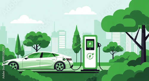 Electric car charging station green urban environment sustainable energy eco friendly transportation cityscape background