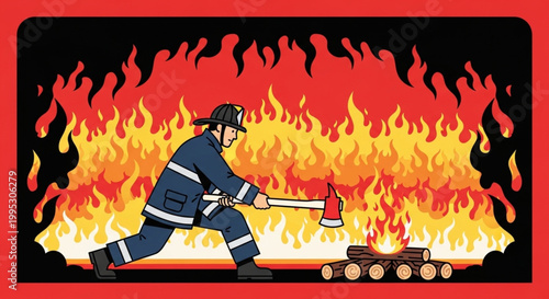 A determined firefighter valiantly battles a raging inferno, chopping through burning logs with an axe in a crucial effort to contain the dangerous blaze
