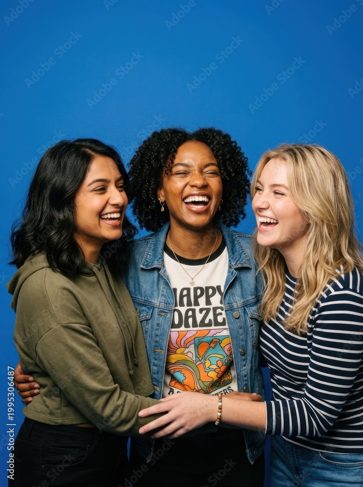 Fototapeta premium Three women stand closely together, smiling broadly and laughing. They are embracing each other, conveying a sense of joy and friendship.