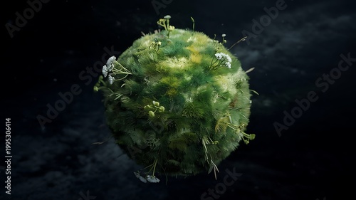 Green planet covered with plants and moss floating in dark space representing environment and sustainability concept