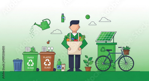 Man standing with eco friendly items and recycling bins in a green environment with solar panel and bicycle