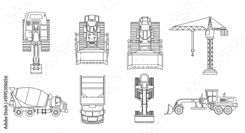 Construction Equipment CAD Blocks Set with Excavator Bulldozer Crane Mixer Truck and Grader Elevations for Technical Drawings