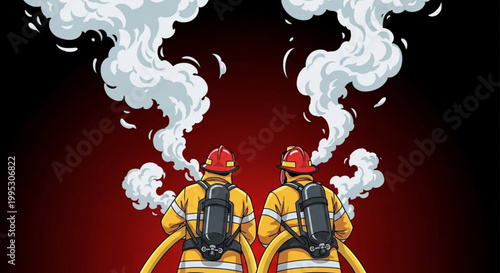 International Firefighters Day Two brave firefighters, equipped with hoses, stand united against a backdrop of rising smoke, embodying courage and swift emergency action