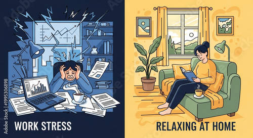 Contrasting work stress and relaxation at home concepts