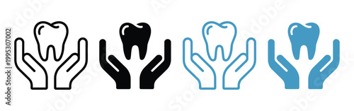 Dental care concept, four variations of hands protecting teeth in different color schemes, oral hygiene protection symbol