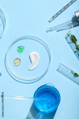 Petri dishes with samples, professional glassware and pipette on blue background