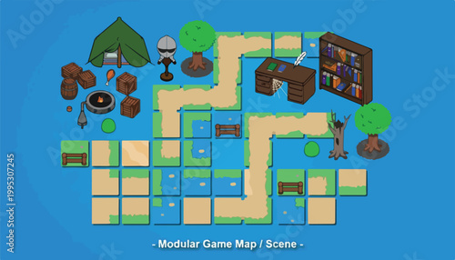 Modular game map scene vector, fantasy RPG world building tiles with forest camp and library, isometric adventure level design kit