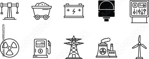 Energy industry icons set with mining battery power grid minimal outline vector collection electricity design elements