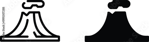 Two variations of volcanic eruption icons featuring a mountain peak with a plume of smoke rising