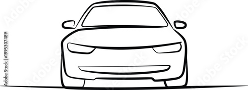 Simple hand drawn outline sketch of a modern passenger sedan vehicle facing the front perspective view