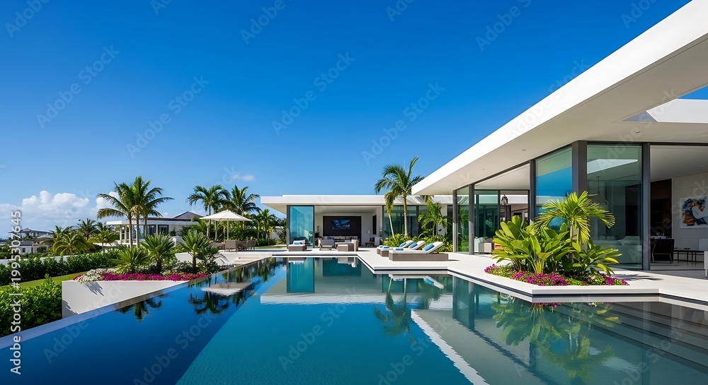 Fototapeta premium Luxury Modern Villa with Infinity Pool and Palm Trees, Tropical Paradise Estate