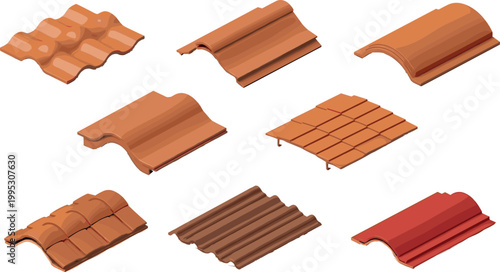 Set of roof tiles with different shapes and materials including clay ceramic and metal isolated on light background vector illustration