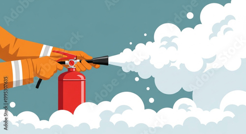 International Firefighters Day Illustration of hands in orange gloves using a red fire extinguisher to put out a fire with white smoke billowing