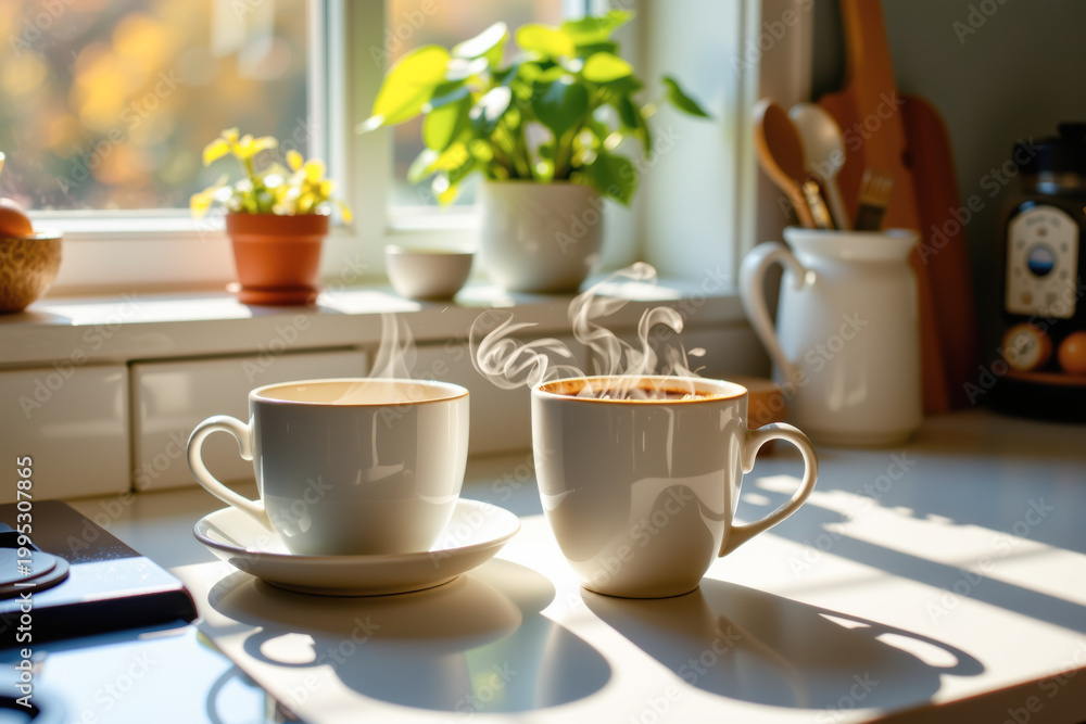 Fototapeta premium Cozy Morning Coffee Scene Sunlit Window