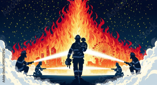 Firefighters bravely battle a towering city inferno, a central hero cradling a child, symbolizing protection, courage, and hope amidst the urban devastation