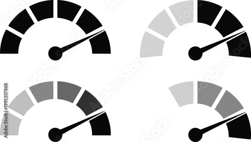Performance speedometers showing various levels of progress for monitoring project status and efficiency in business operations