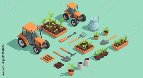 Isometric Low Poly Agricultural Equipment and Gardening Tools Collection for Planting, Cultivation, and Farm Themed Designs